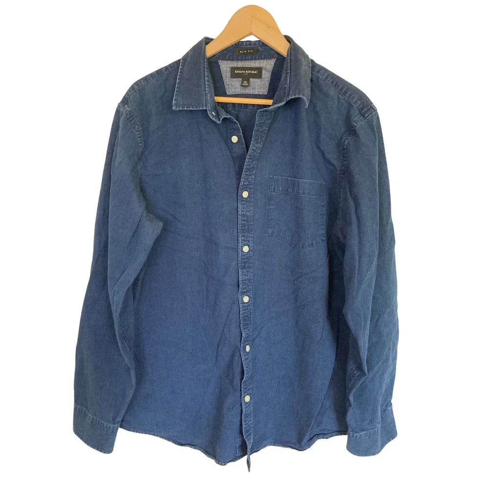 Banana Republic Mens Slim Fit Denim Shirt Indigo Blue Cotton XL RN 54023